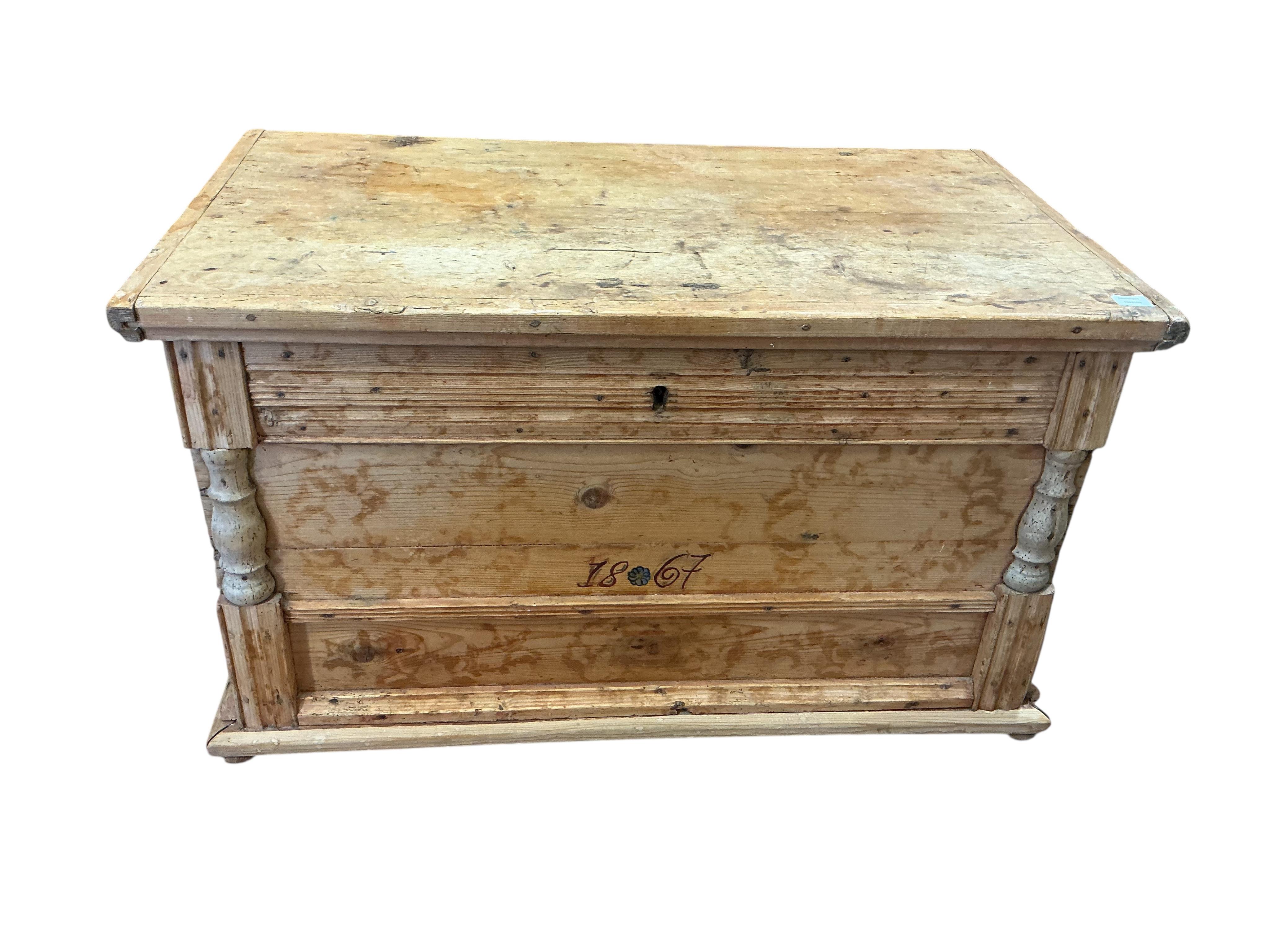 A 19th century Continental pine trunk, width 113cm, depth 64cm, height 65cm